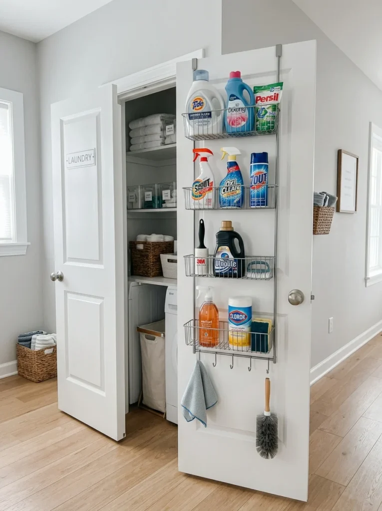 Laundry room door with hanging organizer storing laundry essentials.