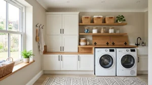 Modern budget-friendly laundry room makeover with painted cabinets, open shelving and organized storage.