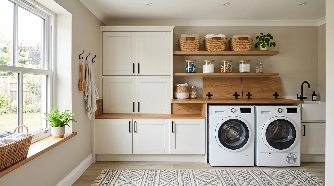 Modern budget-friendly laundry room makeover with painted cabinets, open shelving and organized storage.