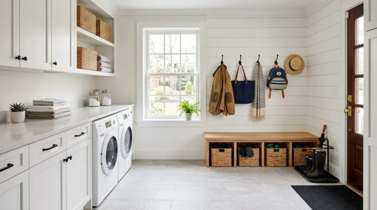 Modern multi-purpose laundry room and mudroom combo with bench, cubbies, washer and dryer, and organized storage.