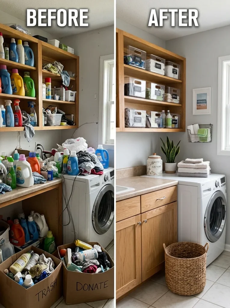 Decluttering a messy laundry room before organizing storage.
