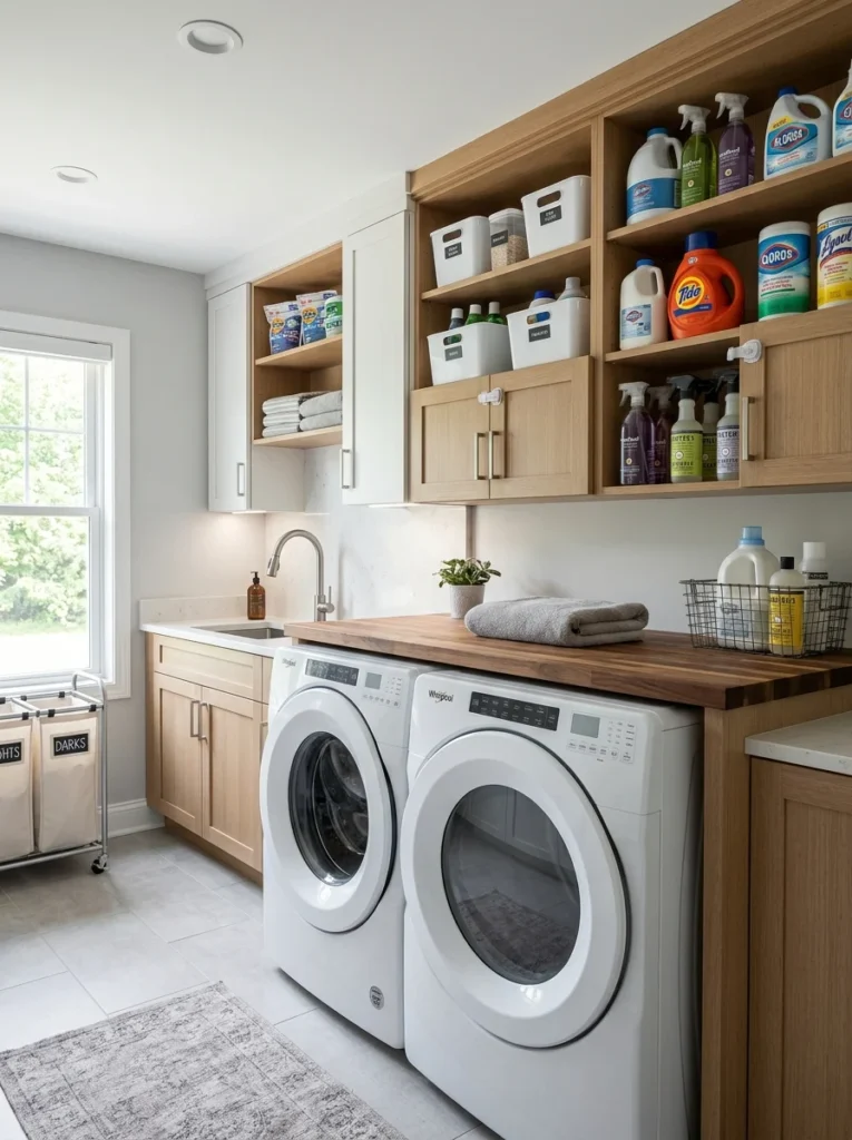Cleaning supplies stored safely away from a clothes dryer.