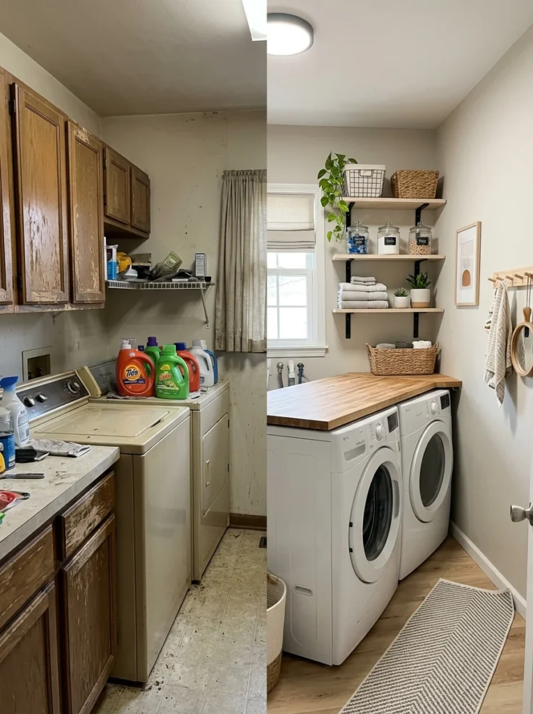 Before and after budget laundry room makeover showing dramatic organization and design improvements.