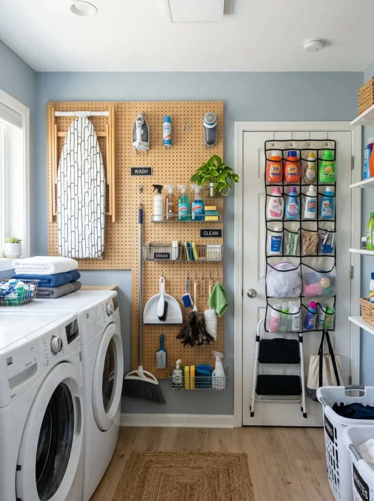 Pegboard and door organizer creating extra laundry room storage.