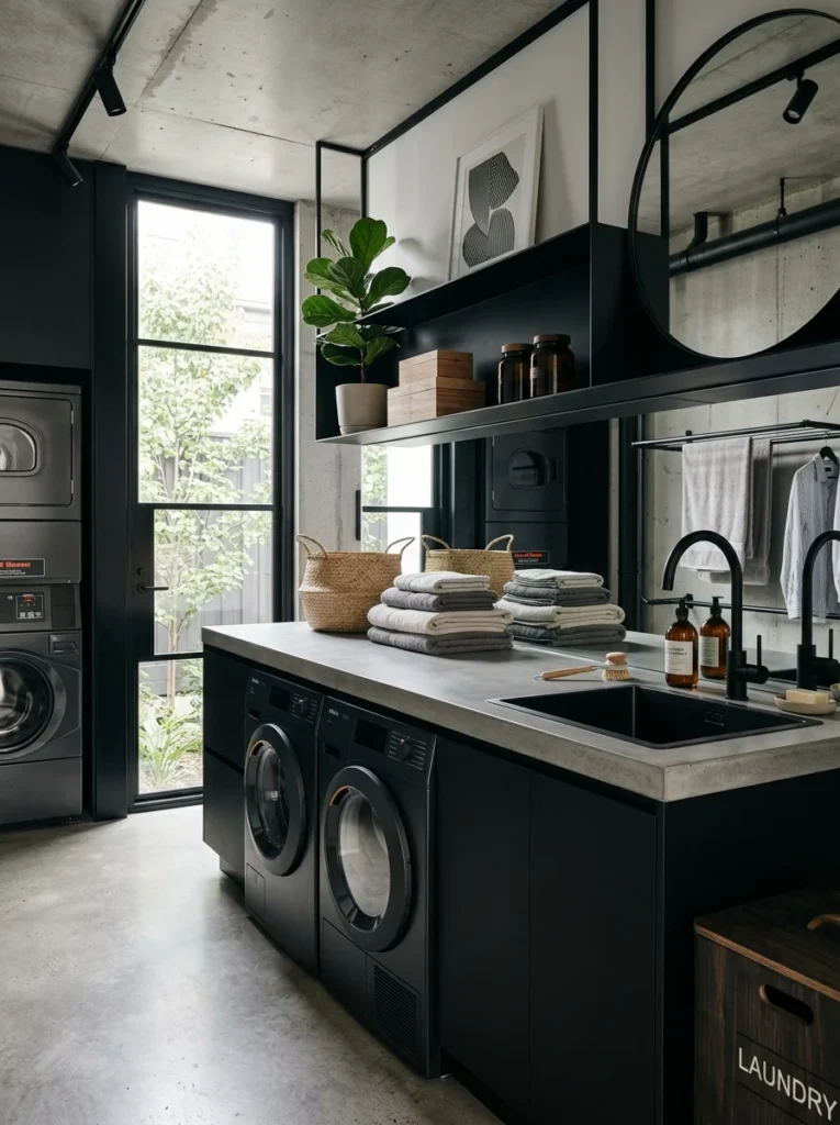 Concrete countertop installed in a modern industrial laundry room.