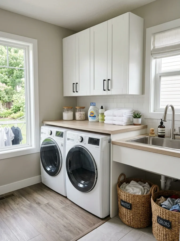 Melamine countertop providing an affordable laundry room solution.