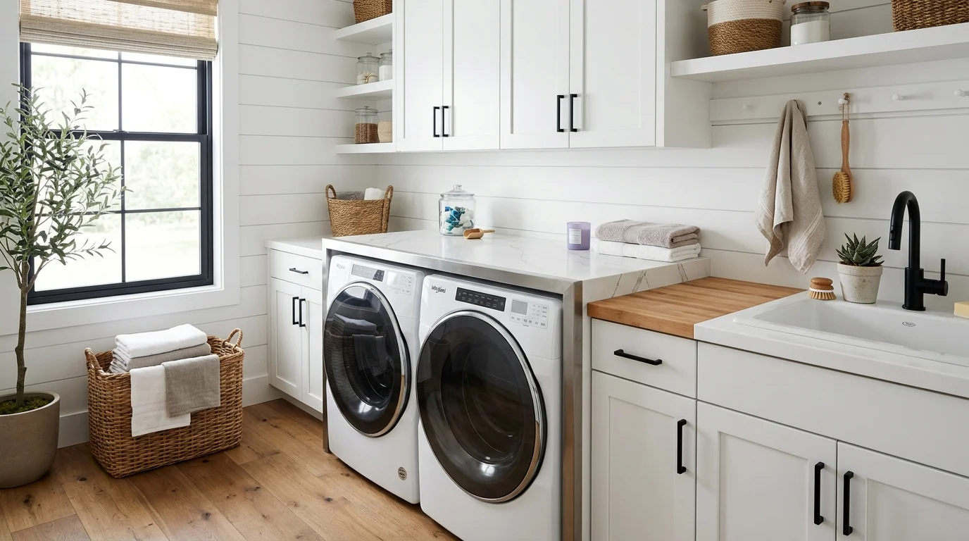 Modern laundry room featuring a durable countertop installed above the washer and dryer.