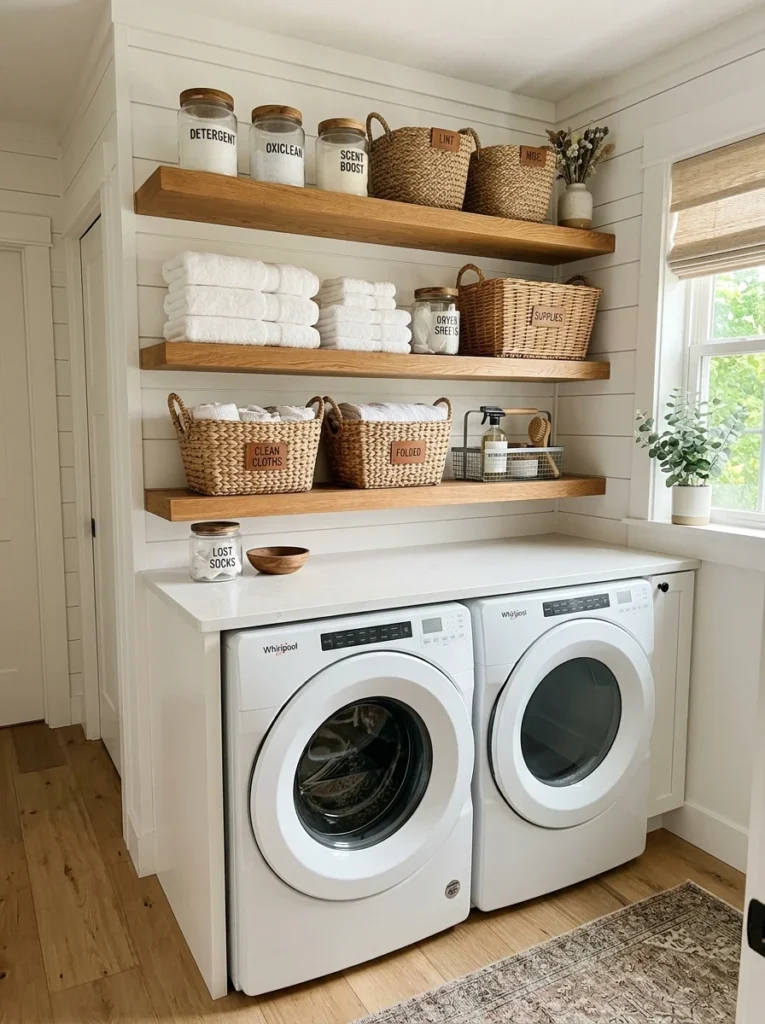 Floating shelves above a washer and dryer maximizing vertical storage space.