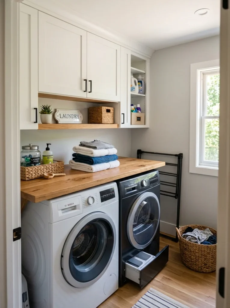 Fold-down countertop providing workspace in a small laundry room.
