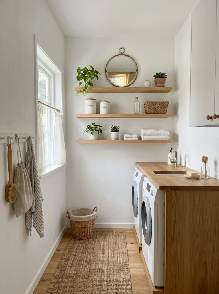 Light-colored laundry room with mirror creating a spacious feel.
