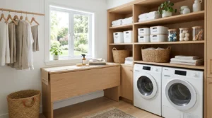 Beautifully organized modern laundry room with labeled storage, folding counter, and efficient laundry setup.