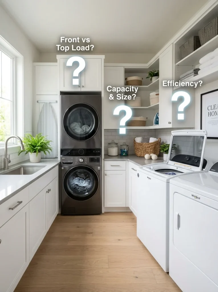 Front-load and top-load washers illustrating frequently asked questions.
