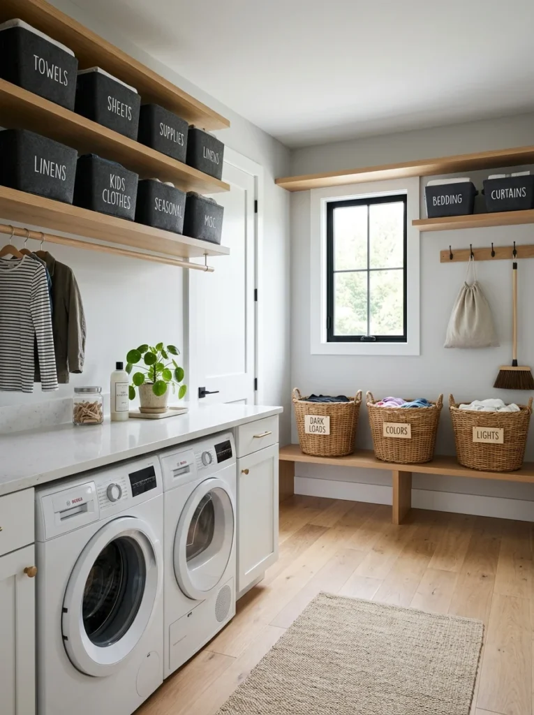 Clearly labeled laundry storage making organization easy for the whole family.
