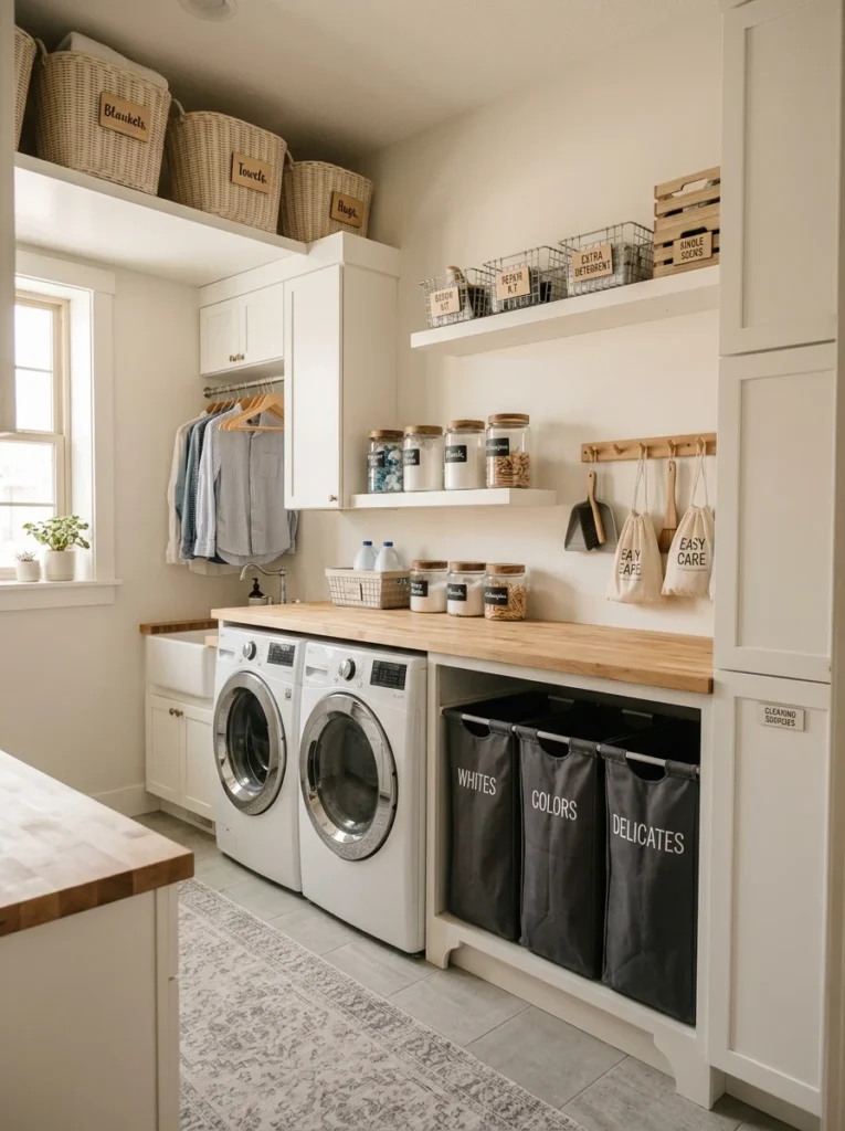 Well-organized laundry room showcasing practical storage ideas.