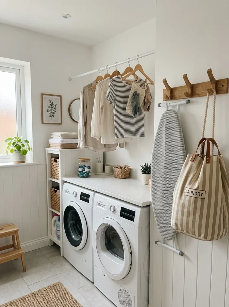 Hooks and hanging rod adding storage inside a small laundry room.