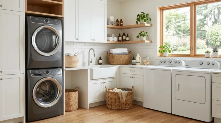 Modern laundry room comparing a front-load washer and a top-load washer side by side.