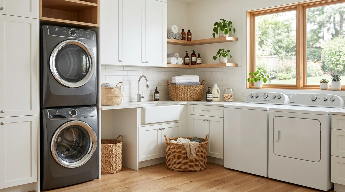 Modern laundry room comparing a front-load washer and a top-load washer side by side.