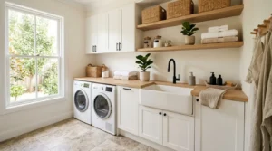 Modern laundry room with durable porcelain tile flooring, white cabinets, washer and dryer, and stylish neutral decor.