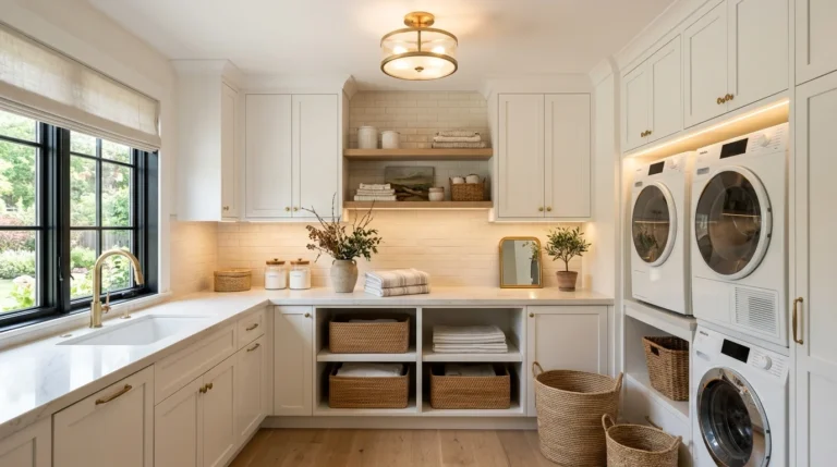 Bright modern laundry room with layered lighting, LED under-cabinet lights, natural daylight, and organized laundry storage.