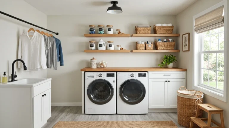 Modern functional laundry room with organized storage, folding counter, floating shelves, and front-loading washer and dryer designed on a budget.