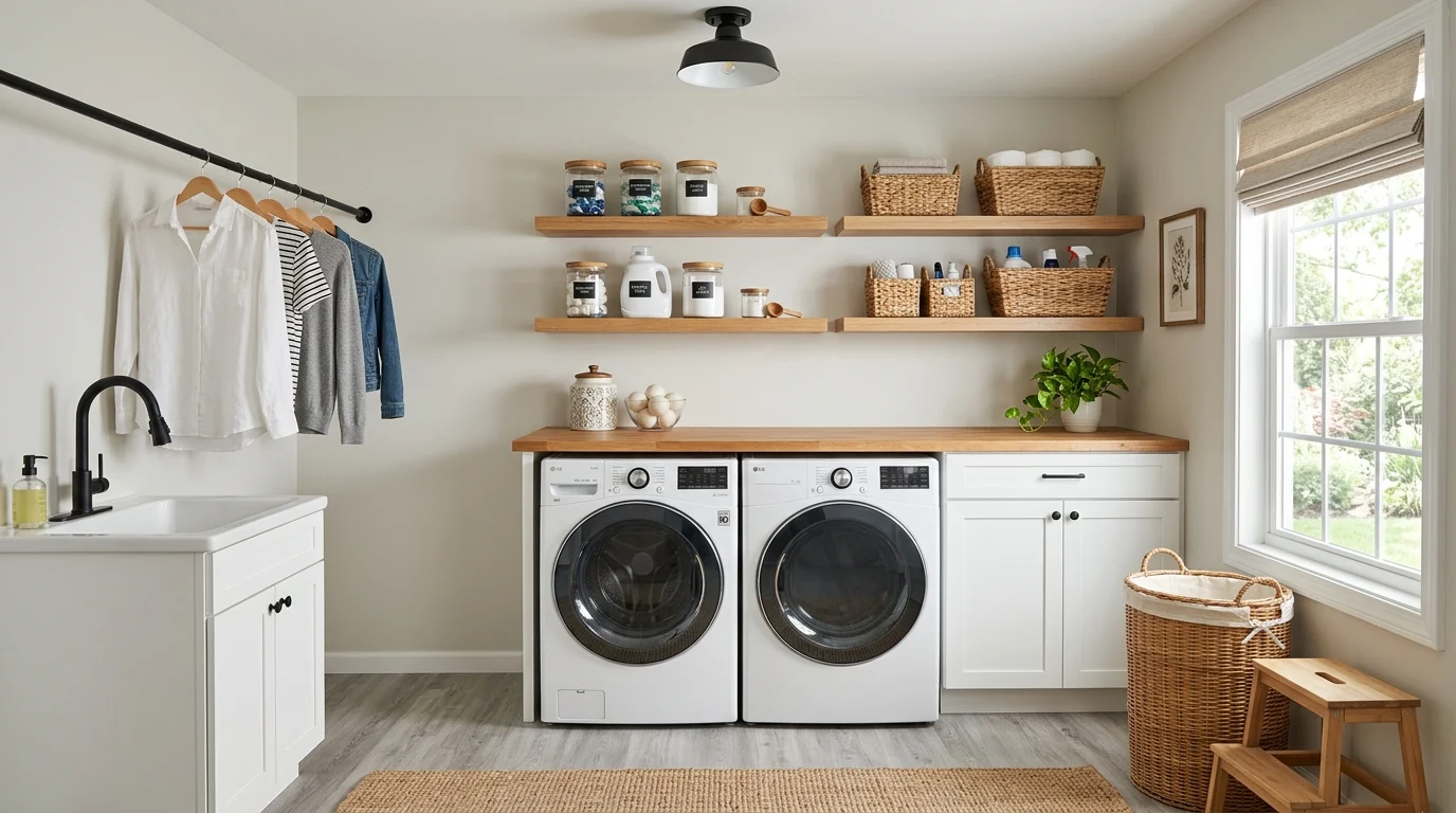 Modern functional laundry room with organized storage, folding counter, floating shelves, and front-loading washer and dryer designed on a budget.