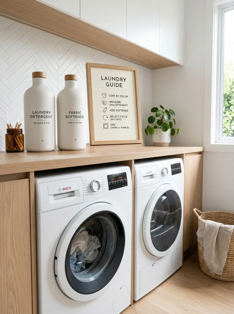 Minimal laundry setup with organized supplies for a faster routine.