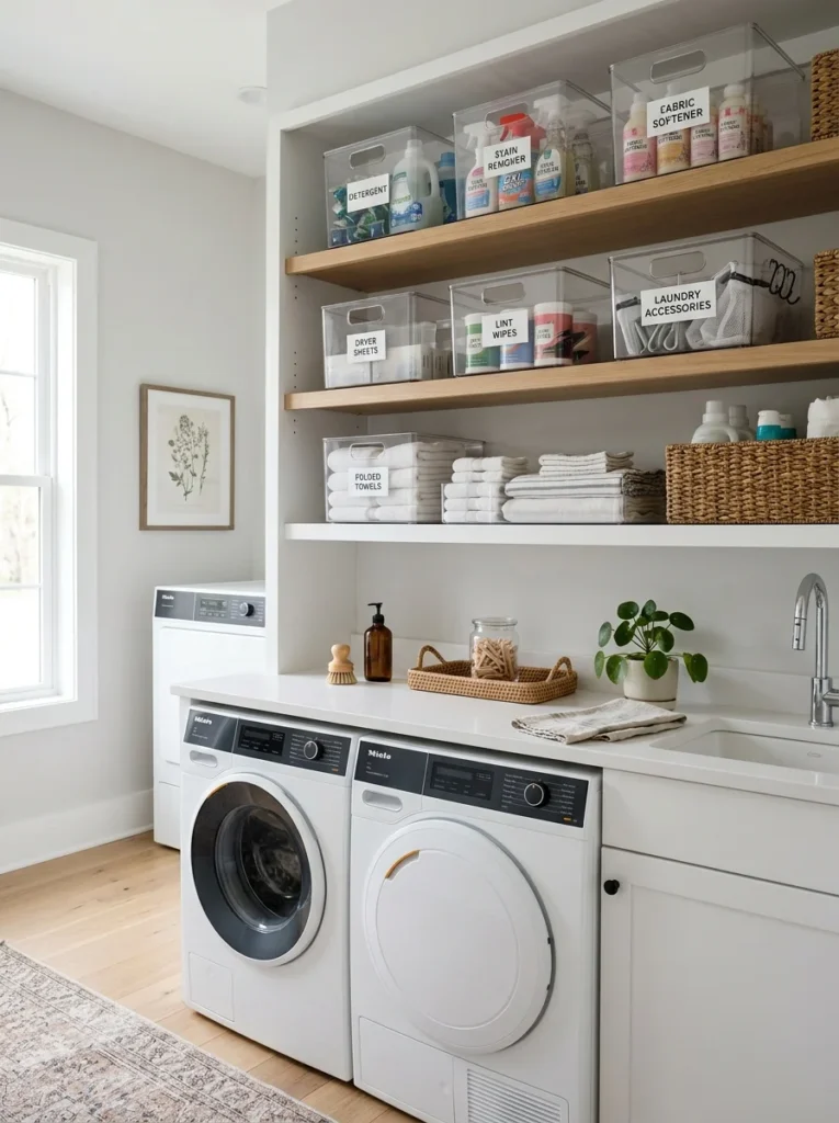 Clear stackable storage bins organizing laundry room shelves.