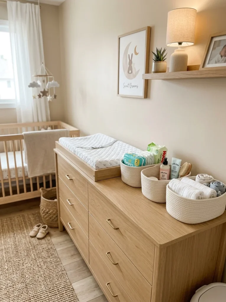 Nursery dresser with changing pad serving as a space-saving changing station.