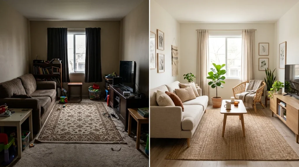 Affordable living room makeover featuring simple decorating ideas that create a stylish and inviting space.