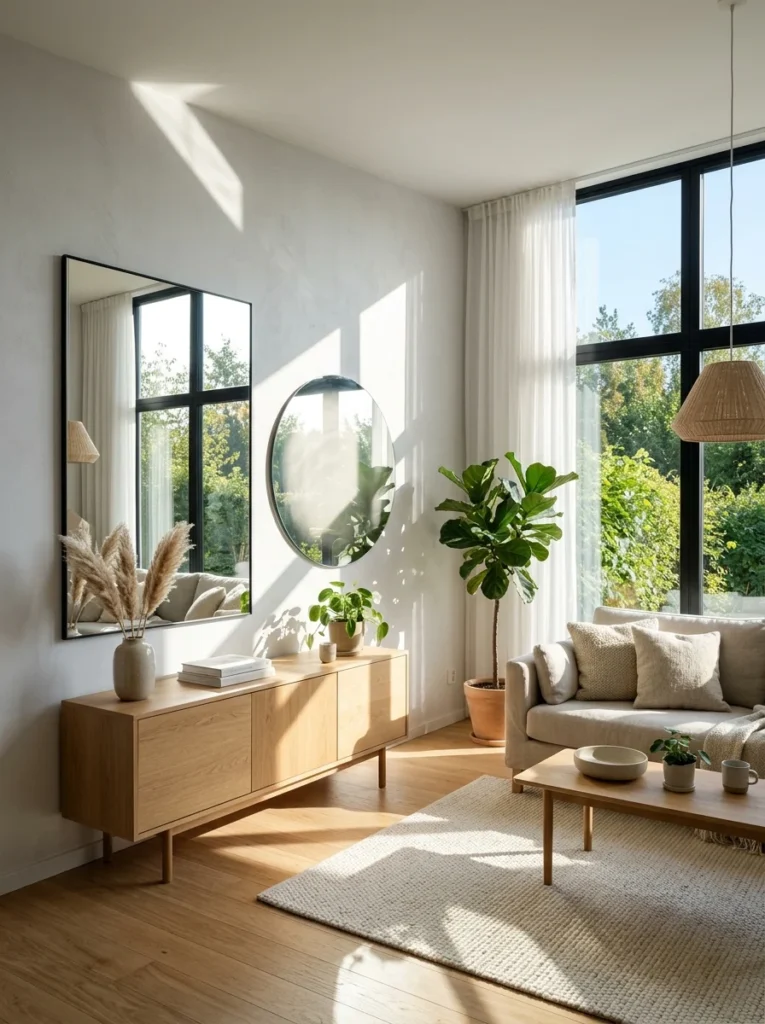 Natural light reflecting differently from round and rectangular mirrors in a modern room.