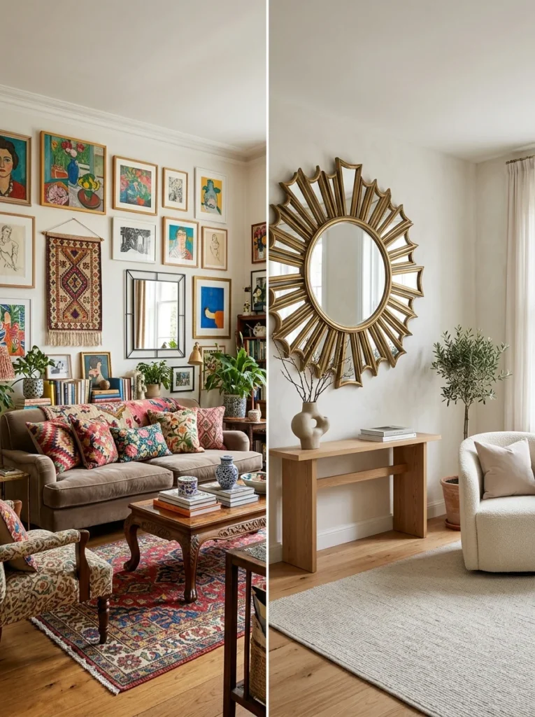 Comparing mirror styles in busy and simple living room interiors.