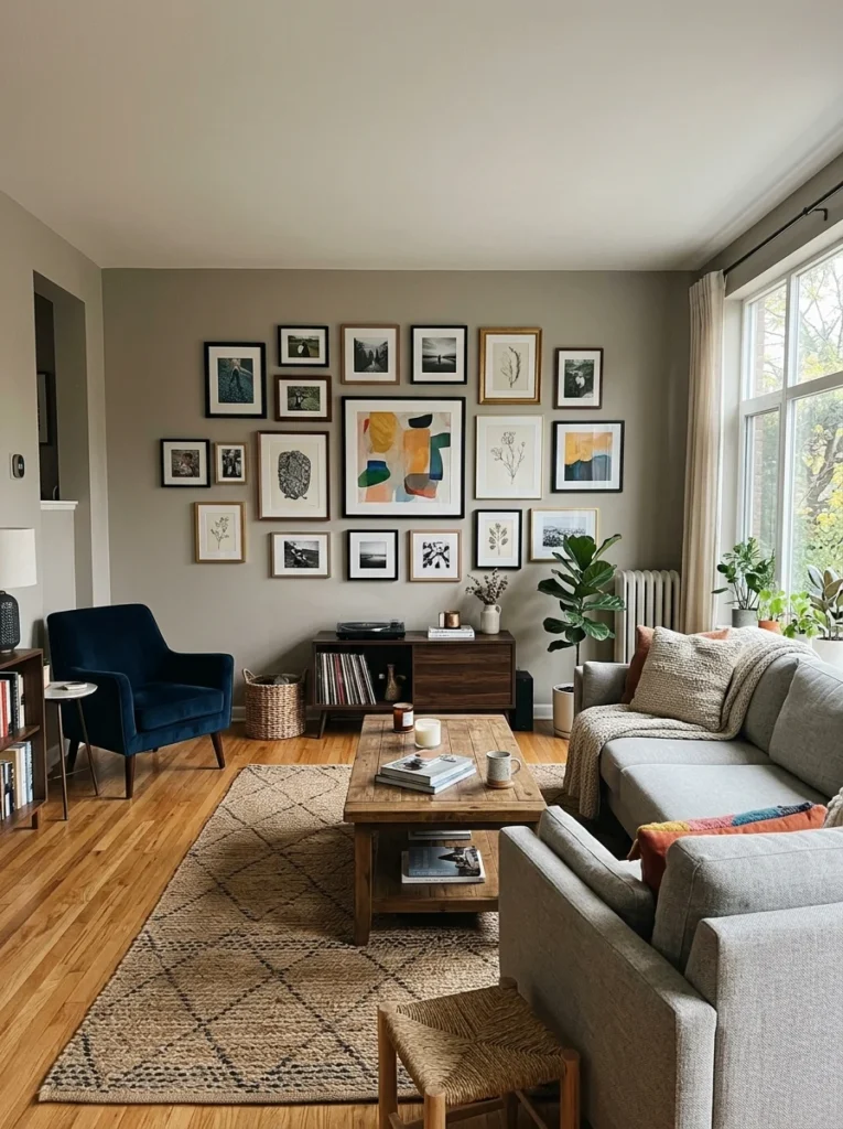 Wide view of a balanced gallery wall seen from across a modern living room.