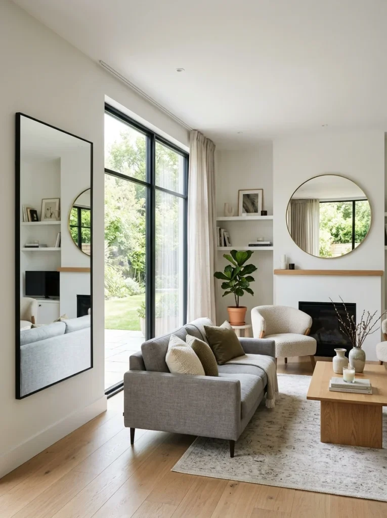 Modern living room demonstrating different mirror placement ideas for maximizing natural light.
