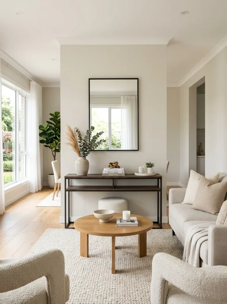 Minimalist mirror in a professionally staged home.