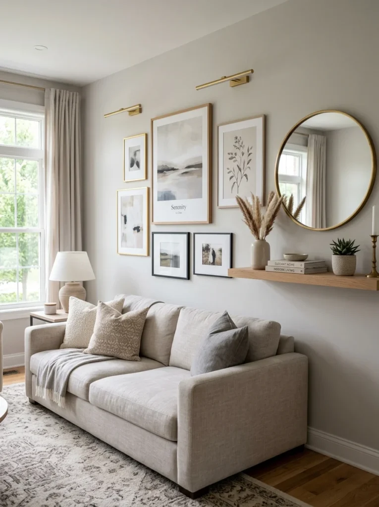 Stylish living room wall displaying affordable decorating ideas.