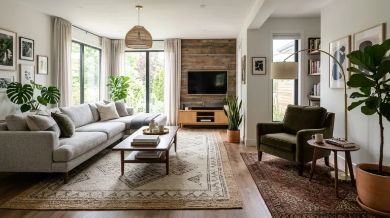 Modern L-shaped living room with sectional sofa and reading nook showing smart seating layout ideas for awkward room shapes.