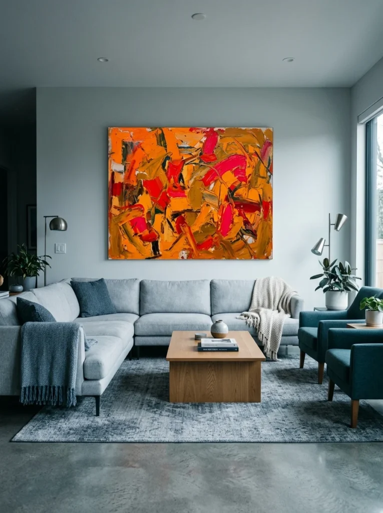 Modern living room showing how mismatched wall art affects overall interior harmony.