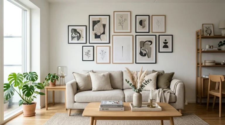 Modern living room with elegant budget-friendly wall decor that looks expensive.