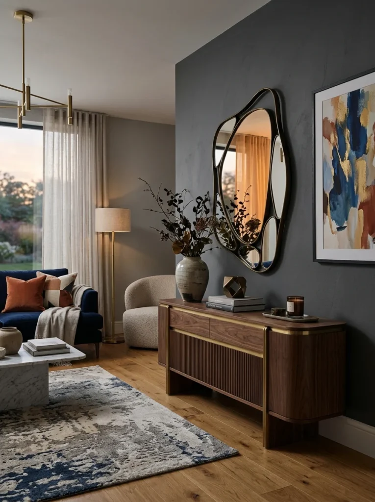 Asymmetrical designer mirror used as wall art.