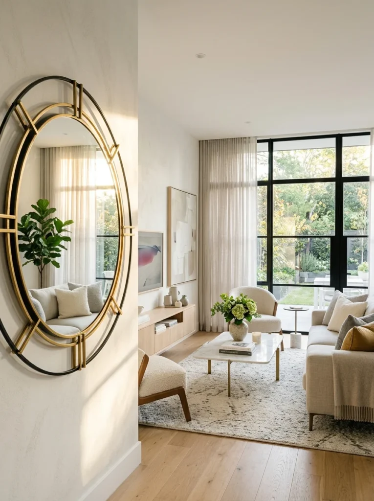 Wall mirror on an adjacent wall reflecting natural daylight into a living room.