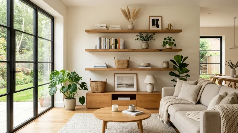 Beautifully styled open shelving in a modern living room with curated decor, books, plants, and balanced negative space.