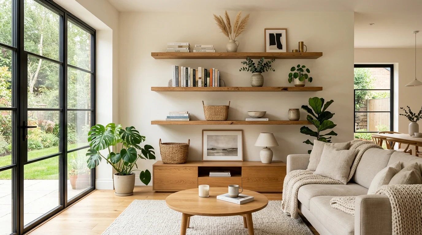 Beautifully styled open shelving in a modern living room with curated decor, books, plants, and balanced negative space.