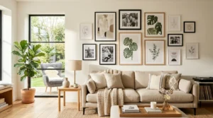 Modern living room with a beautifully arranged gallery wall above a neutral sofa.