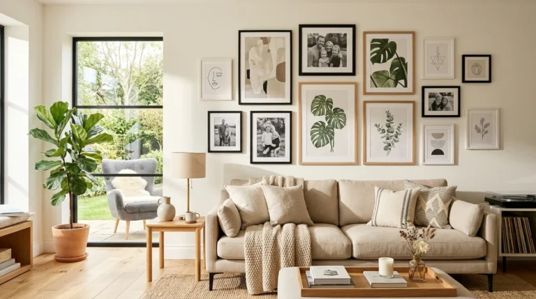 Modern living room with a beautifully arranged gallery wall above a neutral sofa.