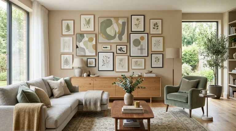 Modern living room featuring coordinated wall art that complements the home's color palette.
