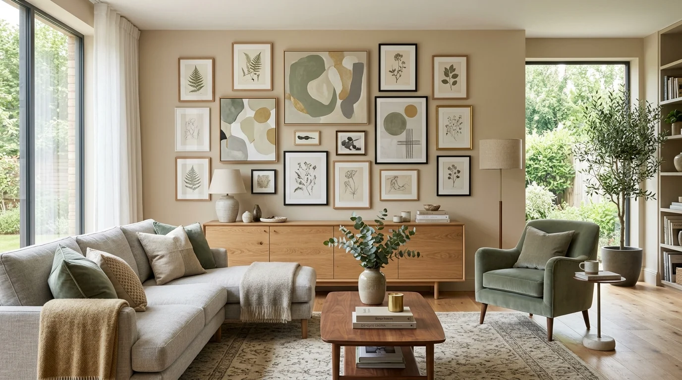 Modern living room featuring coordinated wall art that complements the home's color palette.
