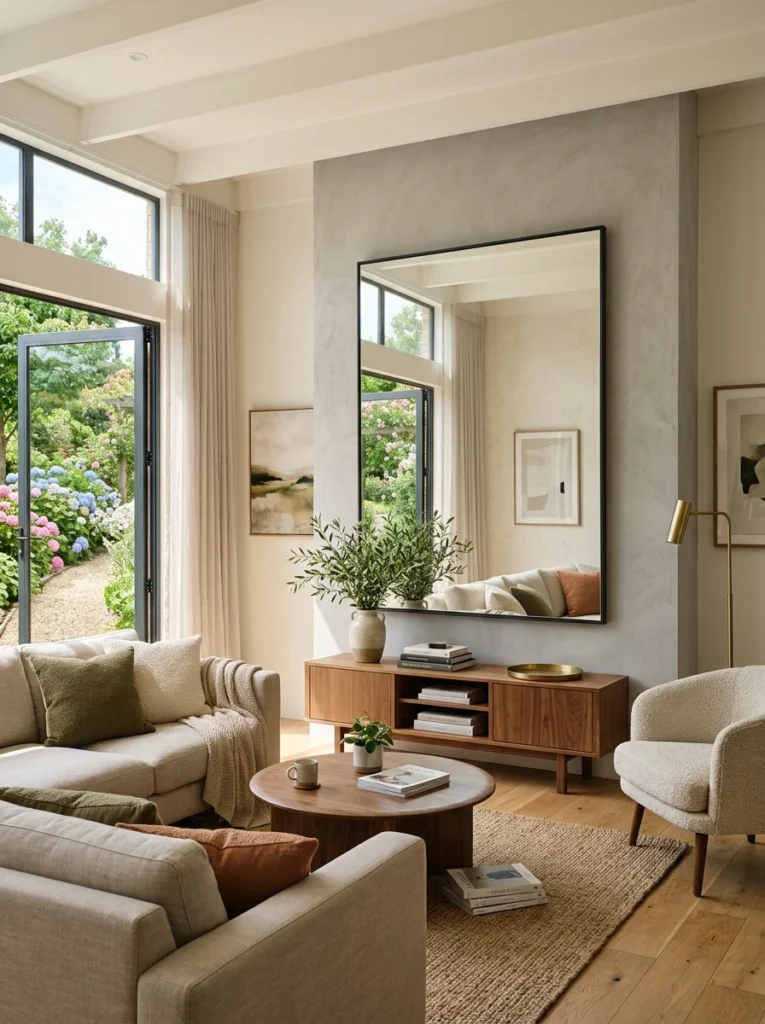 Living room mirror reflecting outdoor greenery instead of indoor clutter.