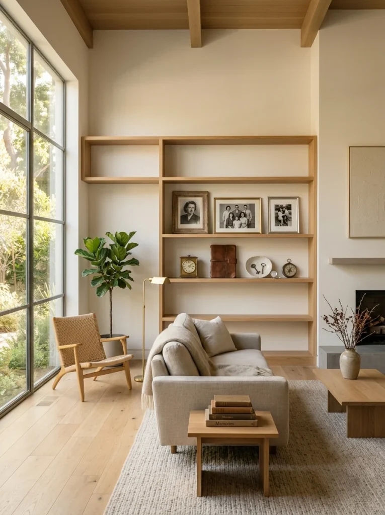 Cozy clutter-free living room featuring a few meaningful family heirlooms displayed with care.
