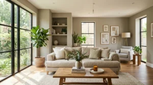 Modern living room with warm greige walls showing how paint color changes under natural light throughout the day.