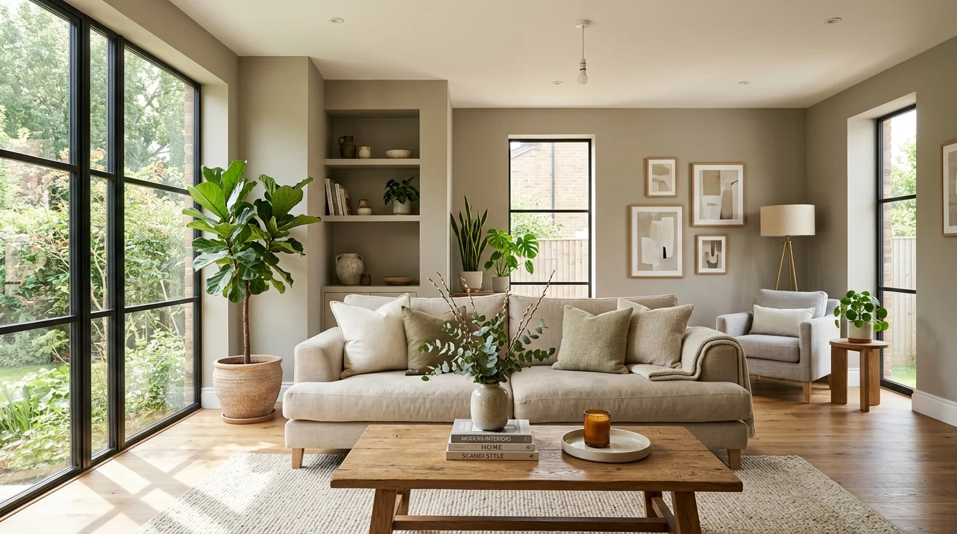 Modern living room with warm greige walls showing how paint color changes under natural light throughout the day.